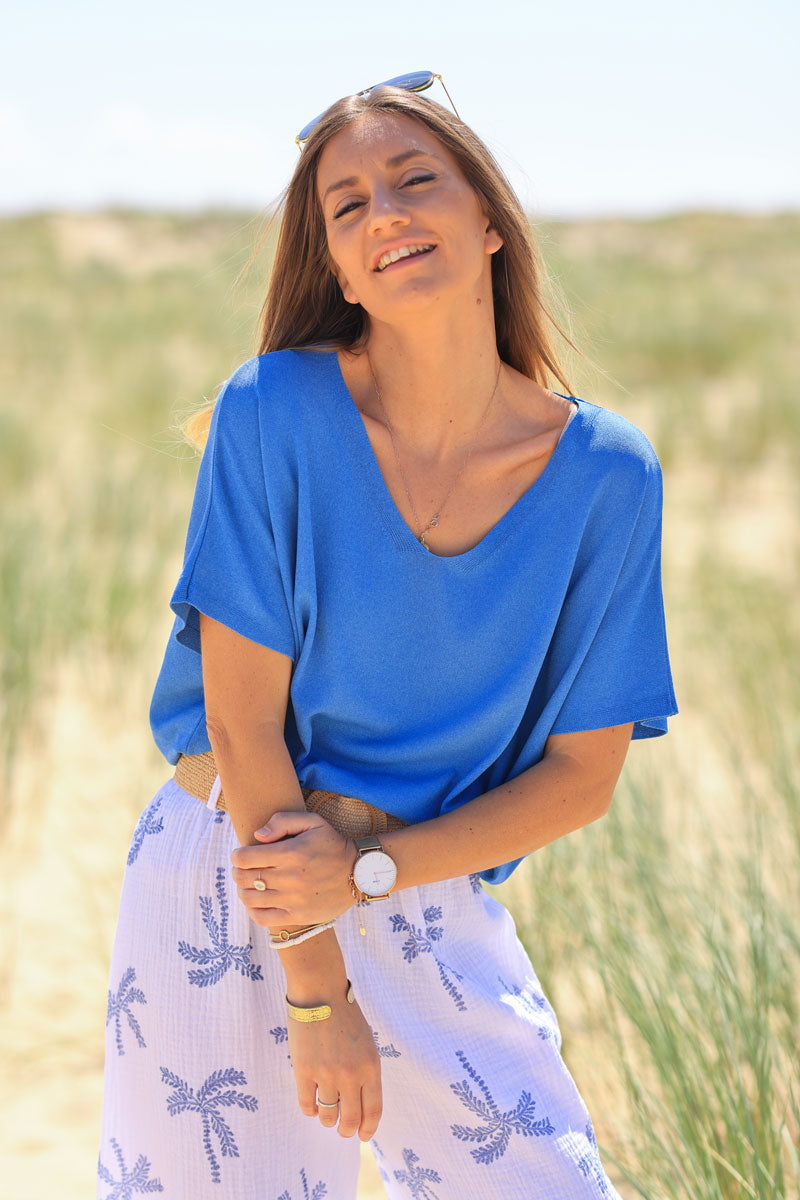 Top stretch et large bleu roi petite maille manches courtes
