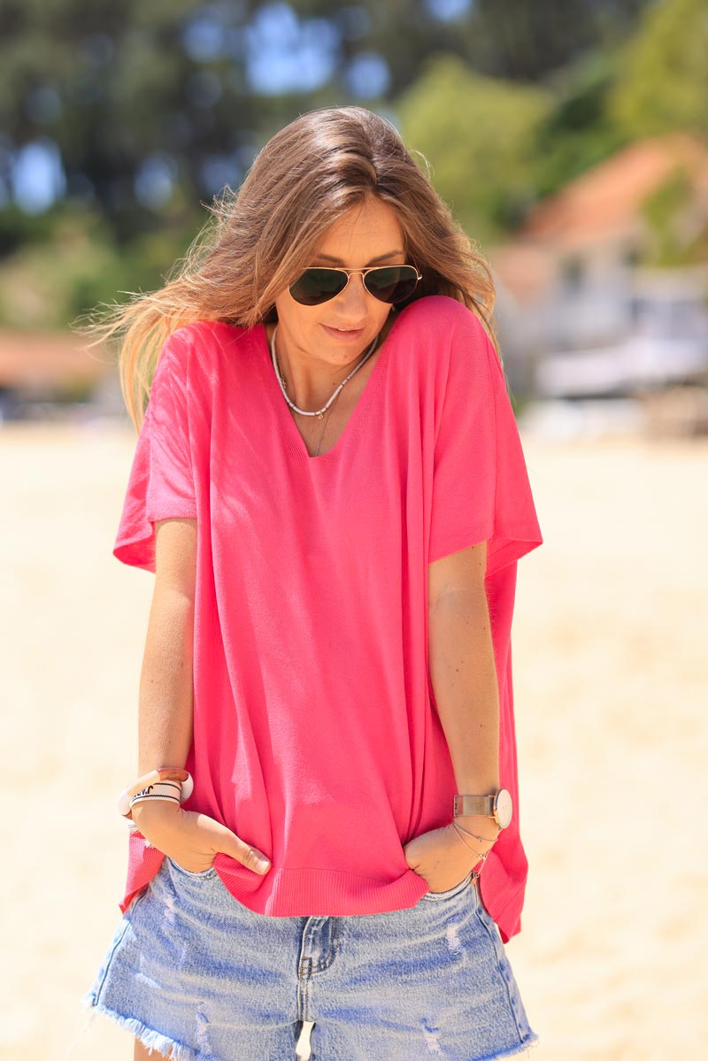 Top elástico y manga corta grande de punto fucsia pequeño