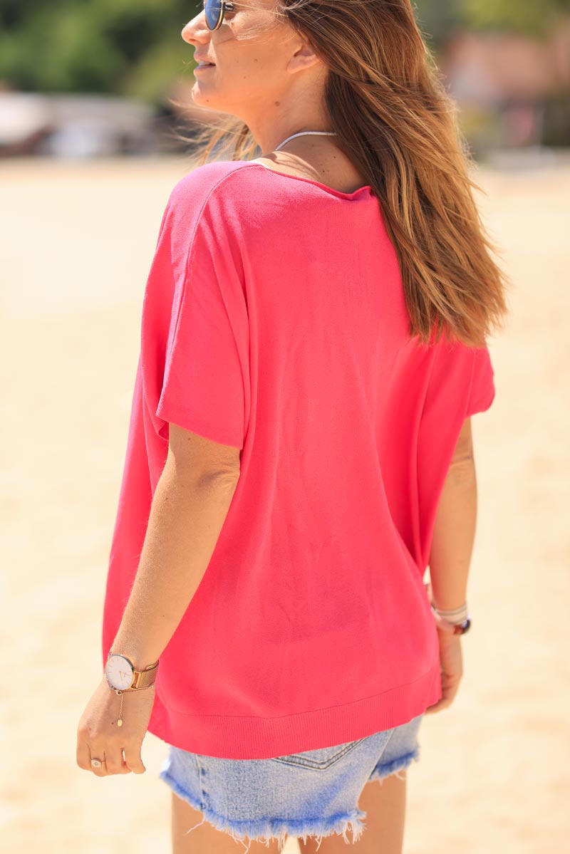 Top elástico y manga corta grande de punto fucsia pequeño