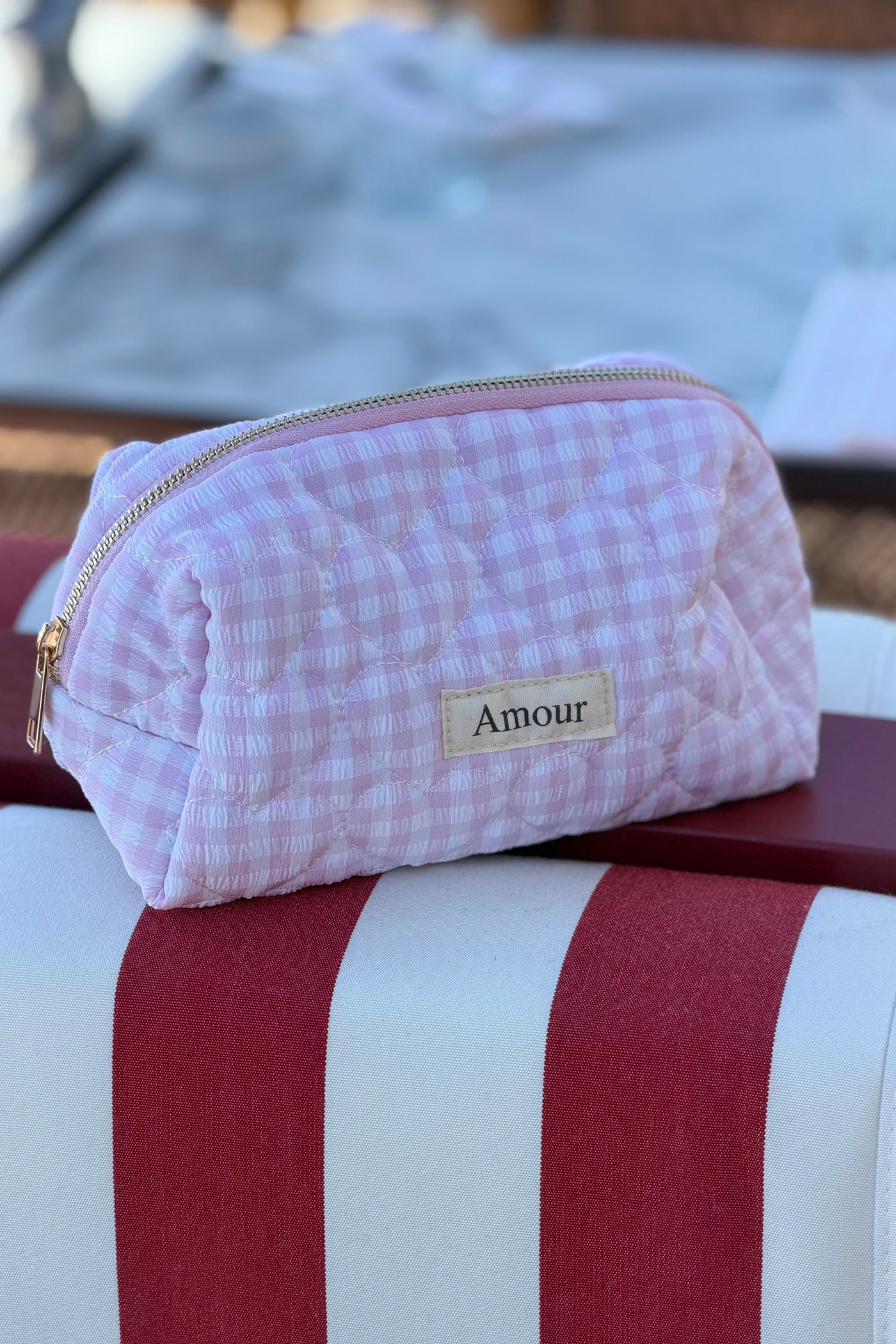 Pink Gingham “Amour” Heart Printed Pouch