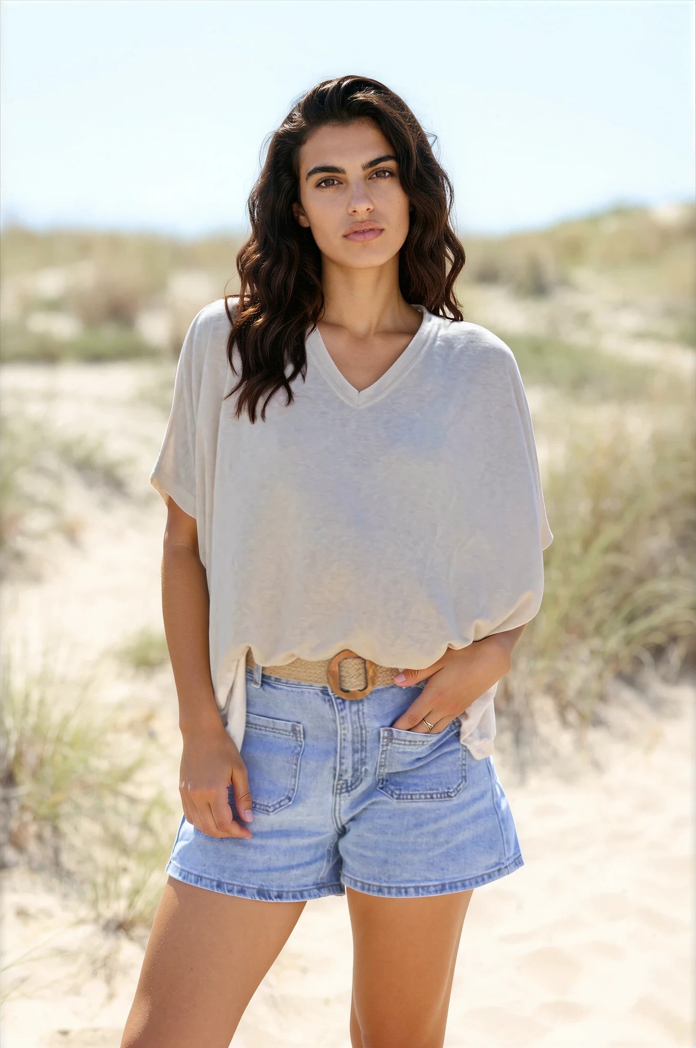 Tshirt beige souple large et loose manches courtes chauve souris