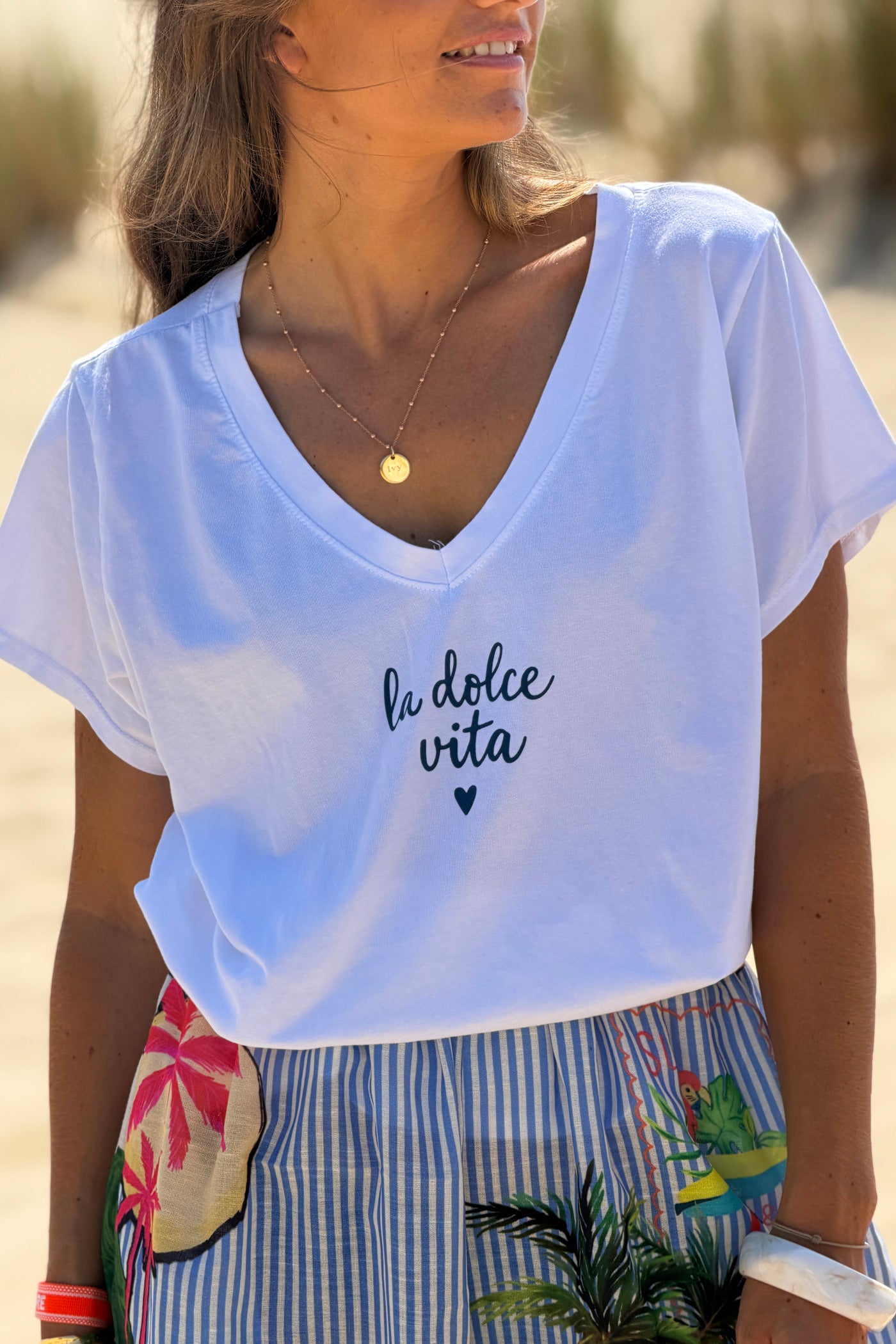 White “La Dolce Vita” V-Neck Tee