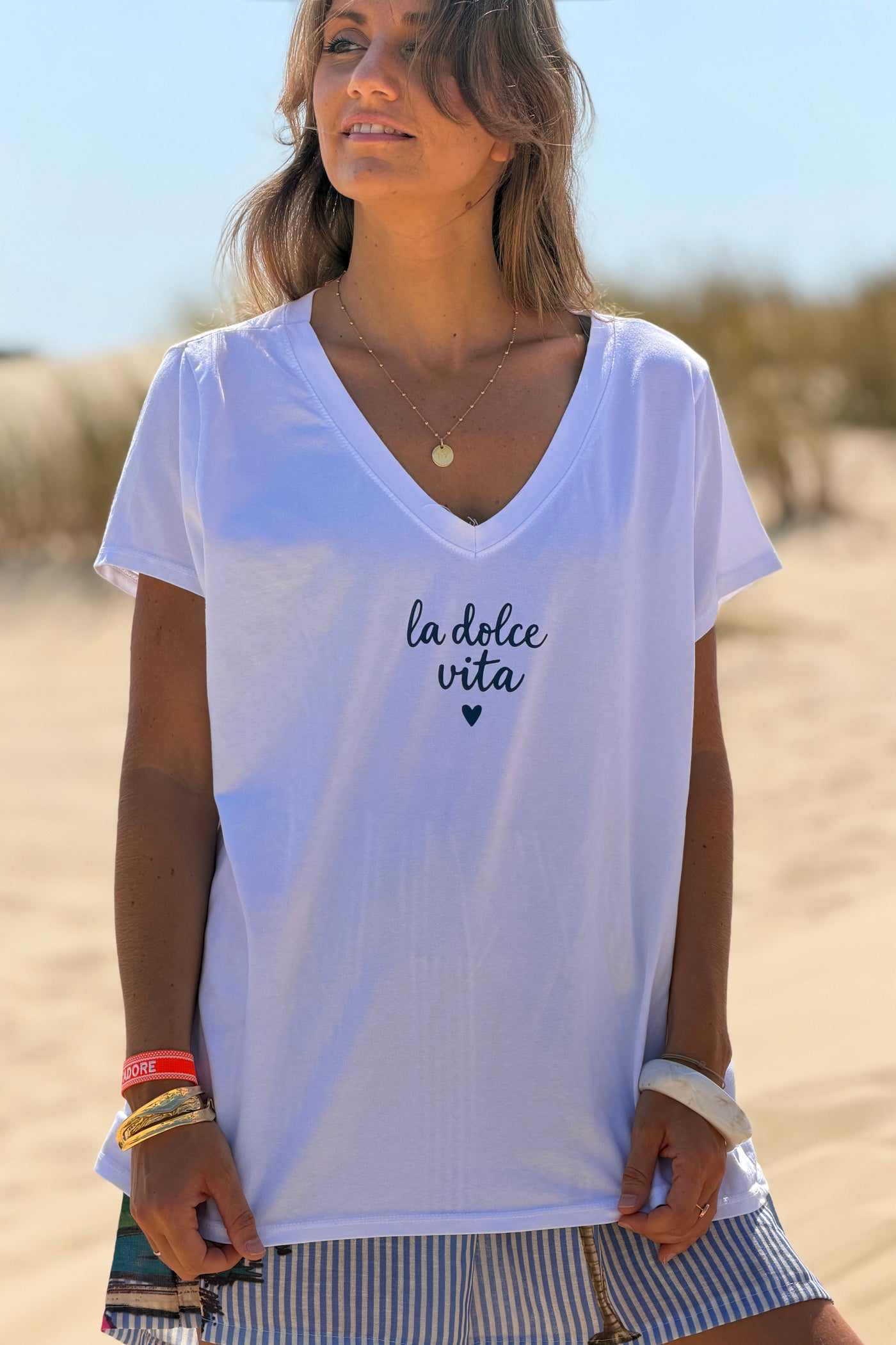 White “La Dolce Vita” V-Neck Tee