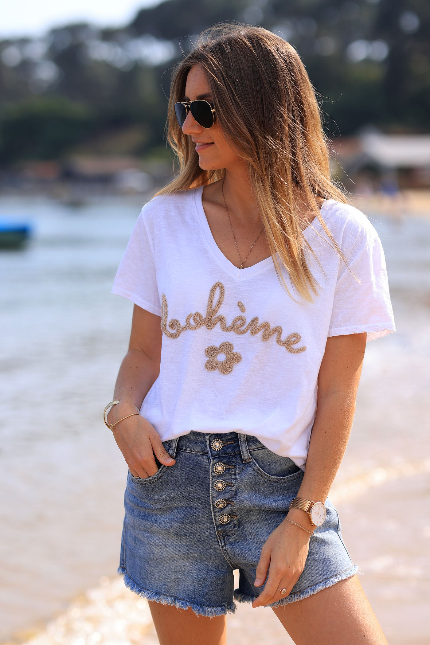 White cotton t-shirt with beige "Boheme" and flowers