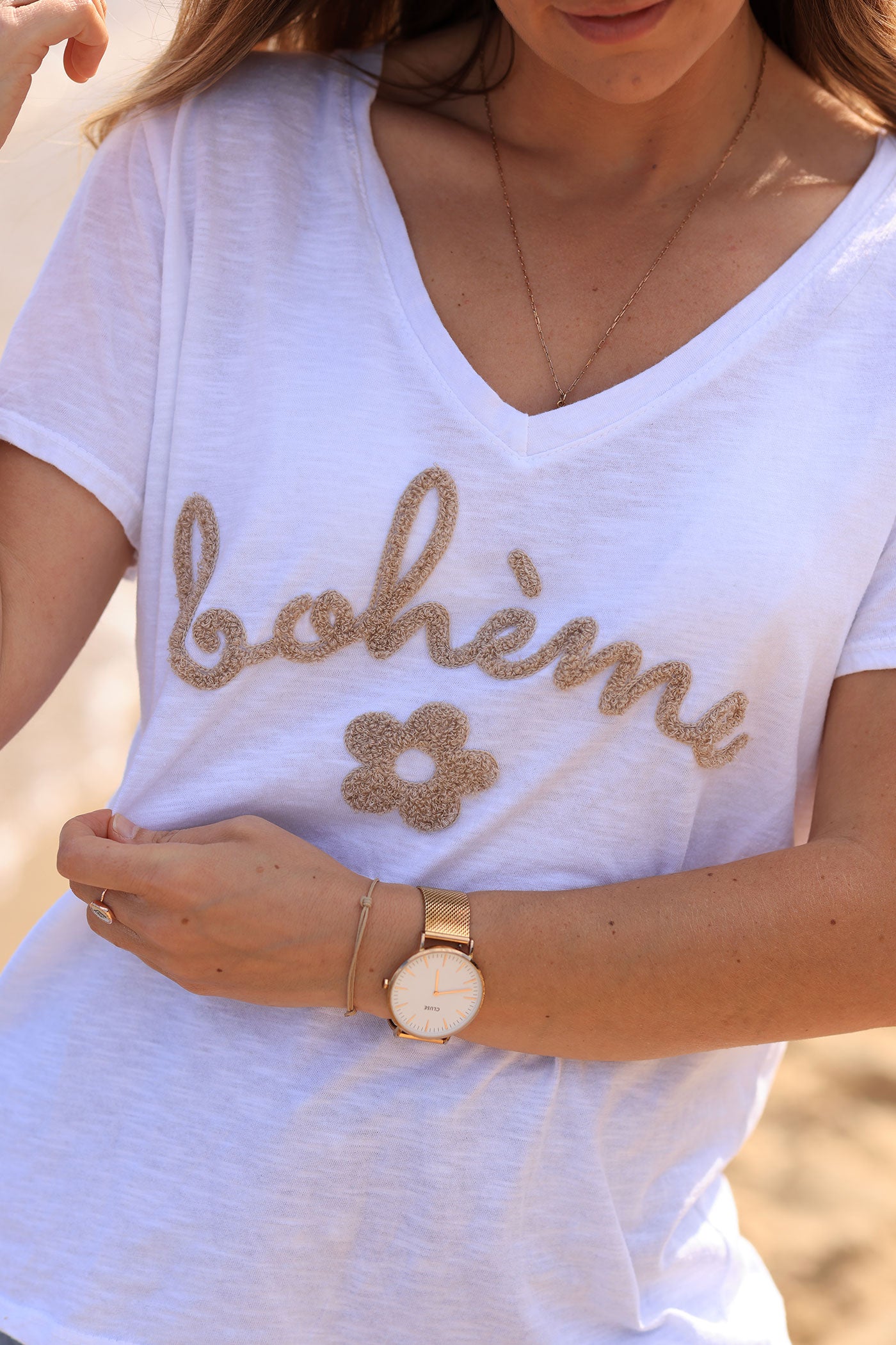 White cotton t-shirt with beige "Boheme" and flowers