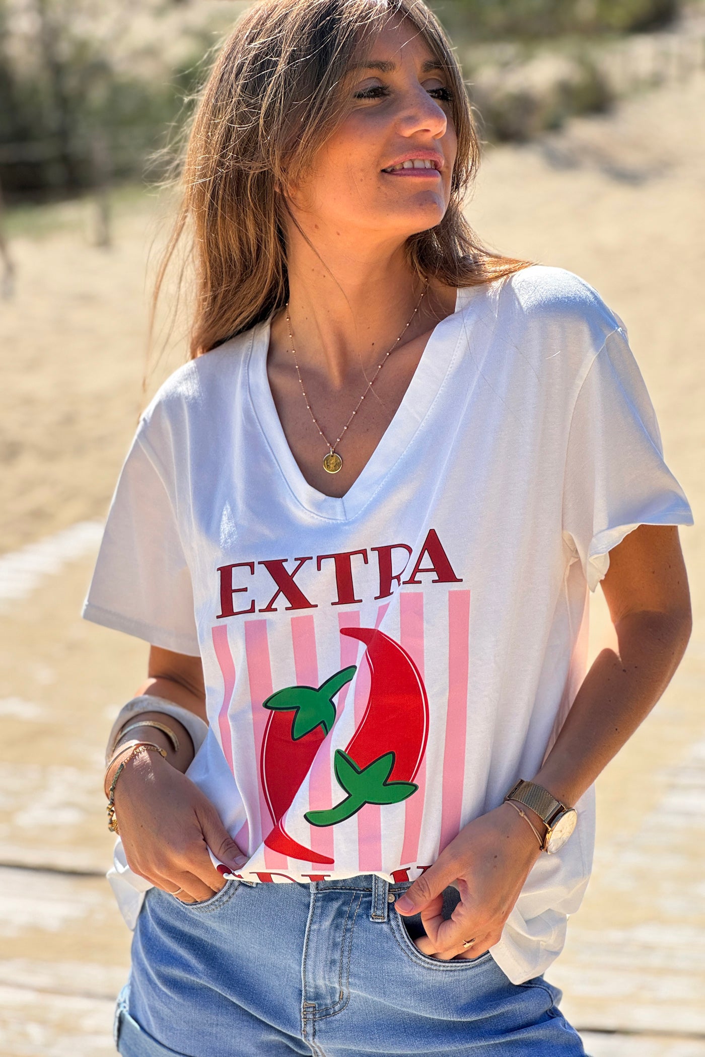 White “Extra Spicy”  Pepper Print Tee