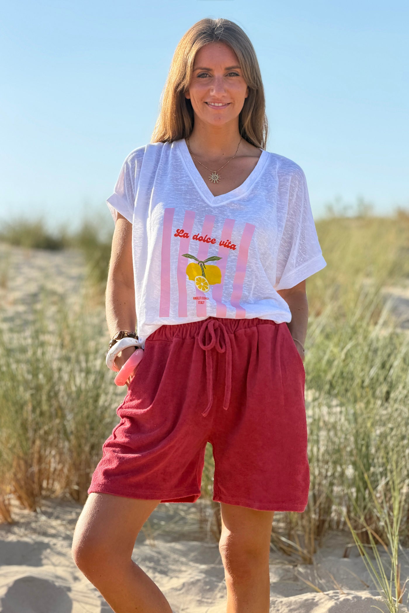 White “La Dolce Vita” Lovely Lemons V-Neck Tee
