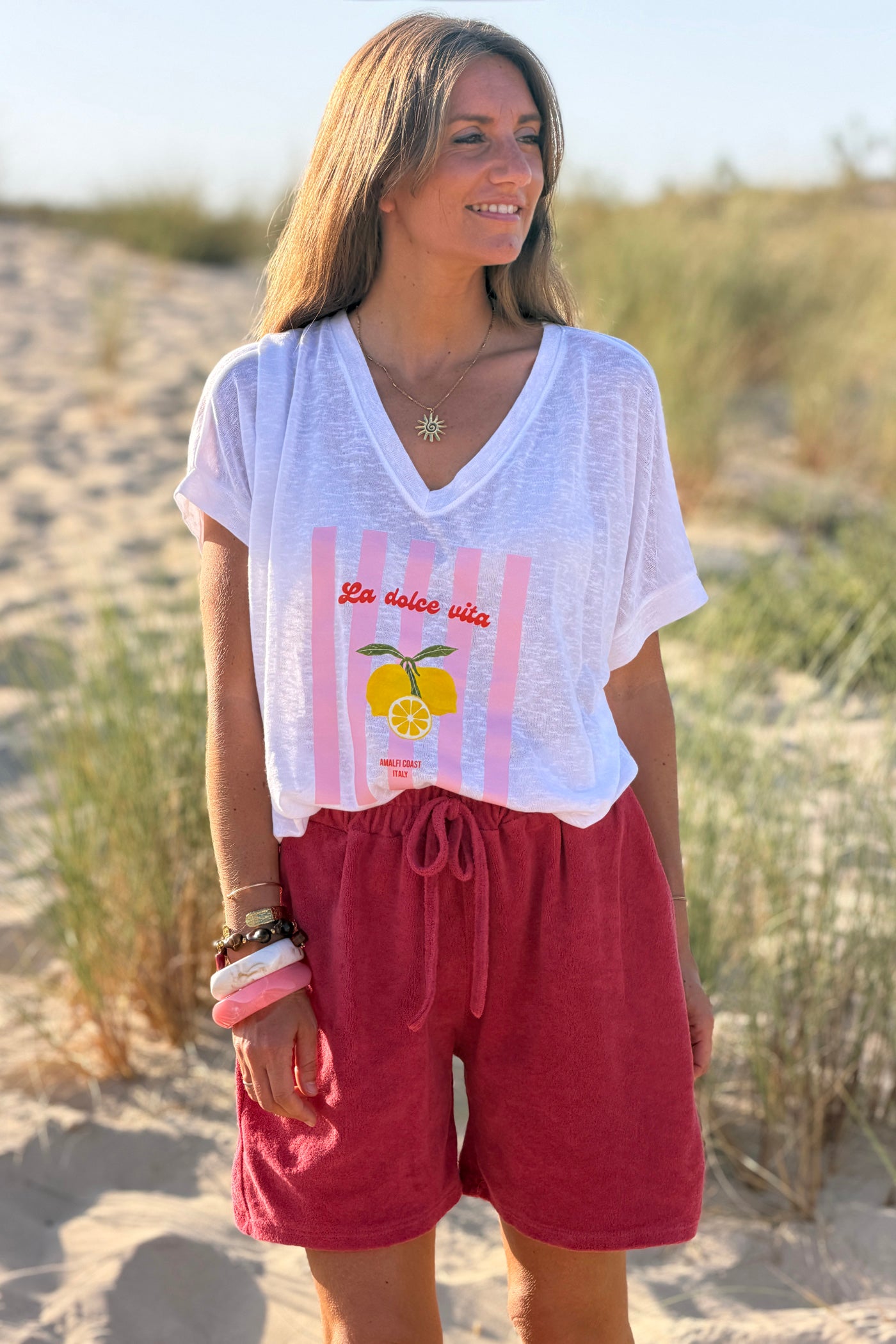 White “La Dolce Vita” Lovely Lemons V-Neck Tee
