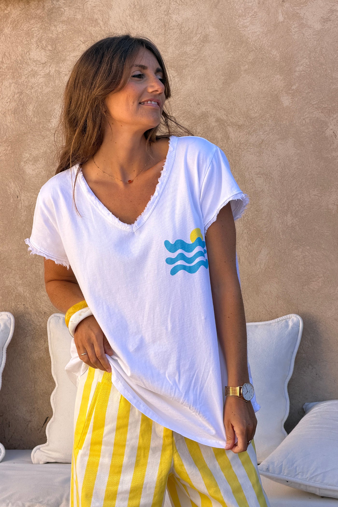 Tshirt blanc stretch et large vague et Cote d'Azur détail franges