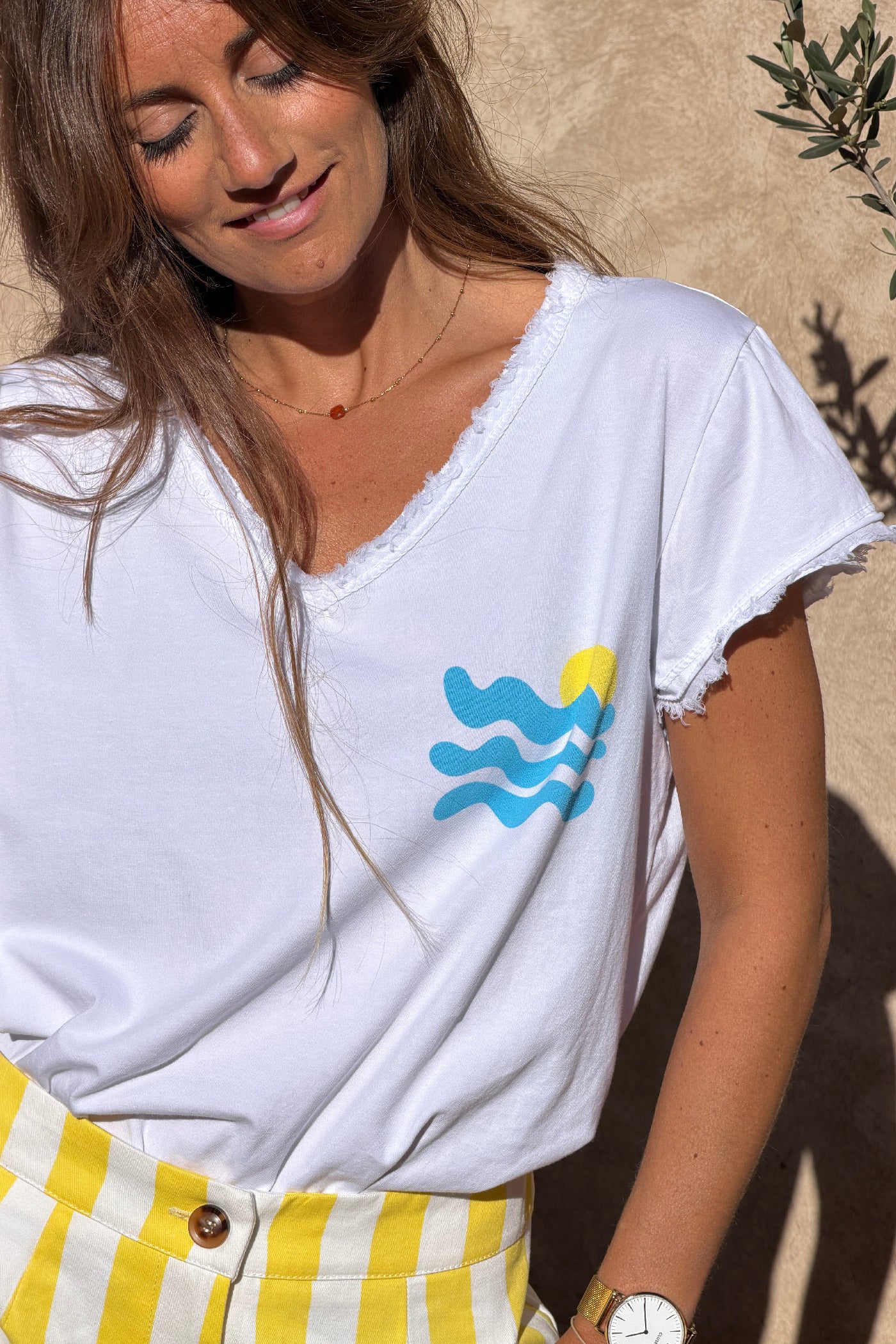Tshirt blanc stretch et large vague et Cote d'Azur détail franges