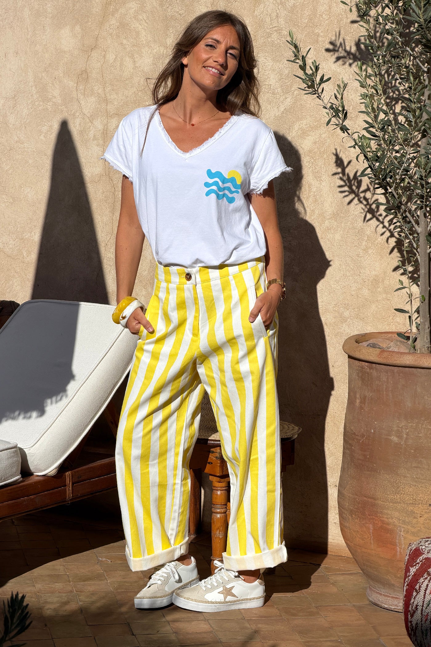 Tshirt blanc stretch et large vague et Cote d'Azur détail franges