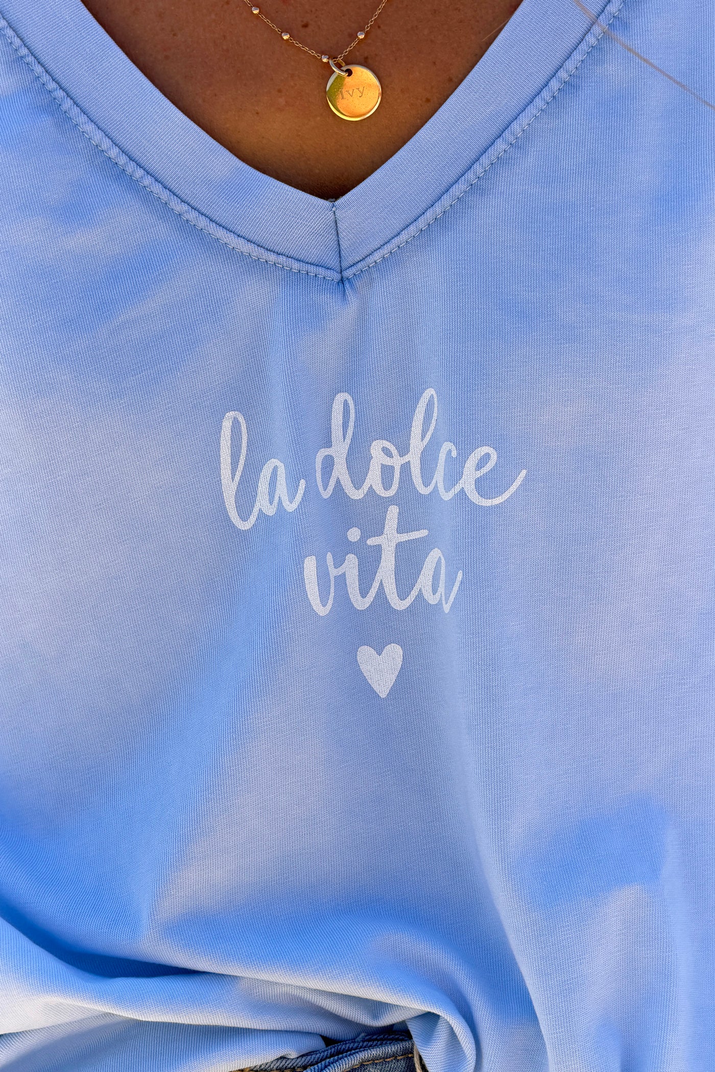 Light Blue “La Dolce Vita” V-Neck Tee