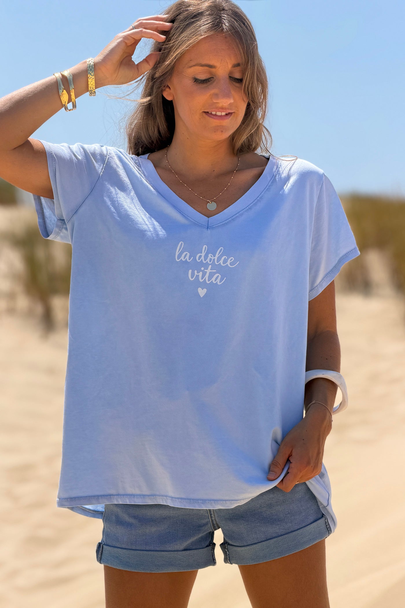 Light Blue “La Dolce Vita” V-Neck Tee