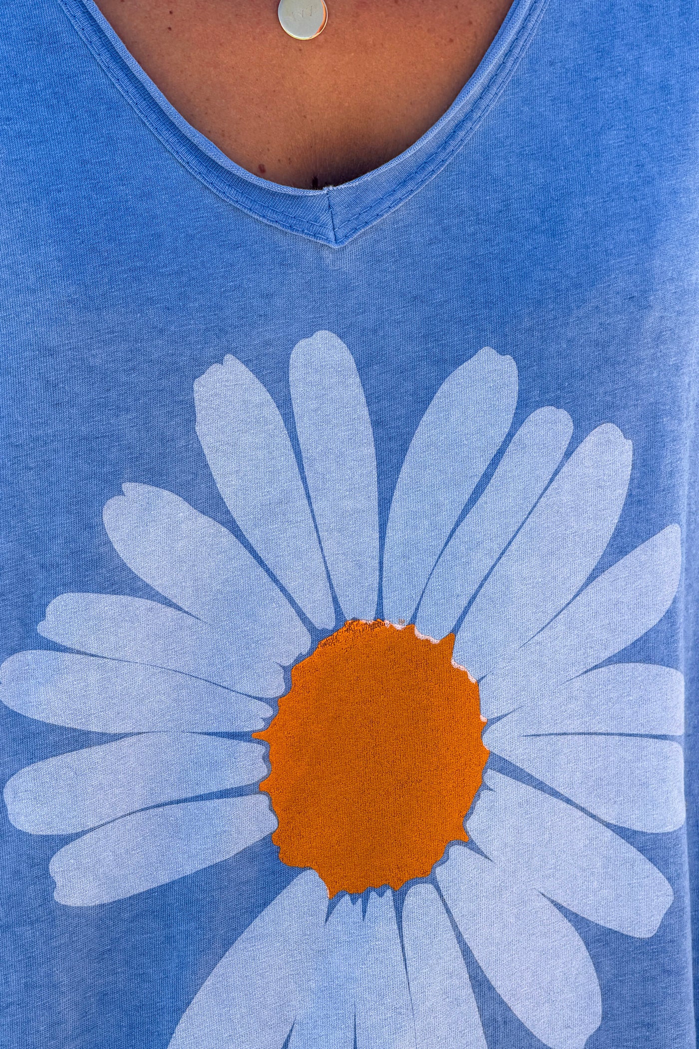 Royal Blue V-neck cotton t-shirt with large dusty blue daisy print