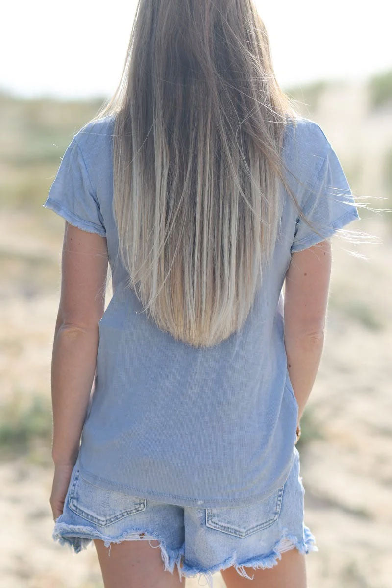Blue Stretch Cotton Tee with Raw Hems