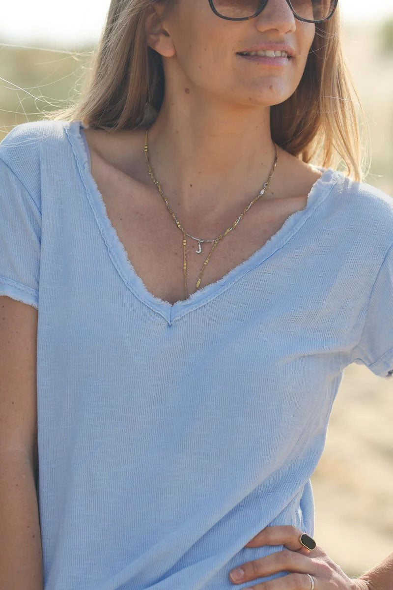 Blue Stretch Cotton Tee with Raw Hems