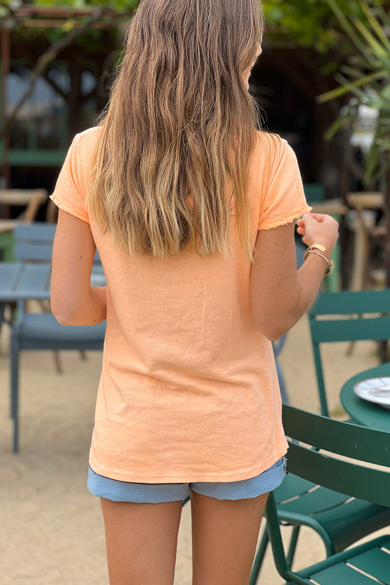 Neon Orange Stretch Cotton Tshirt with Raw Hems