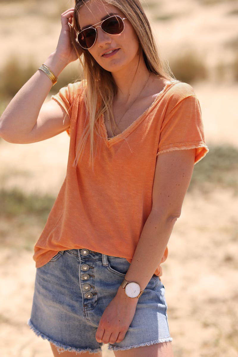 Orange Stretch Cotton Tee with Raw Hems