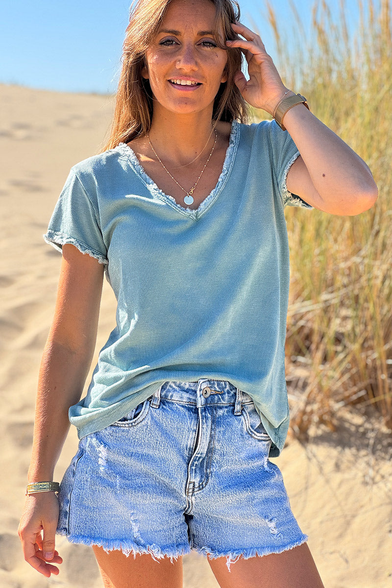Tshirt coton stretch sauge finitions petites franges