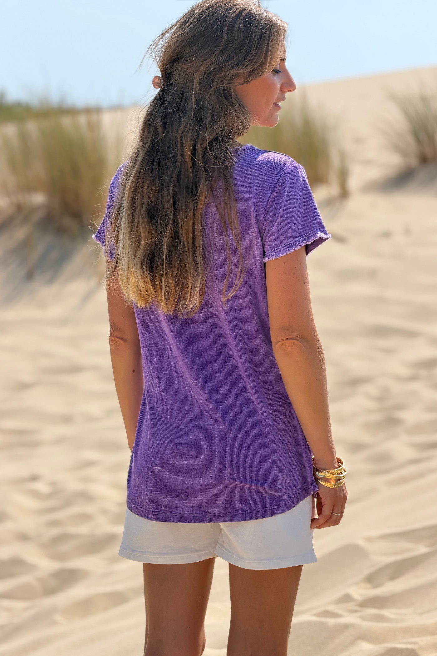 Tshirt coton stretch violet délavé finitions petites franges