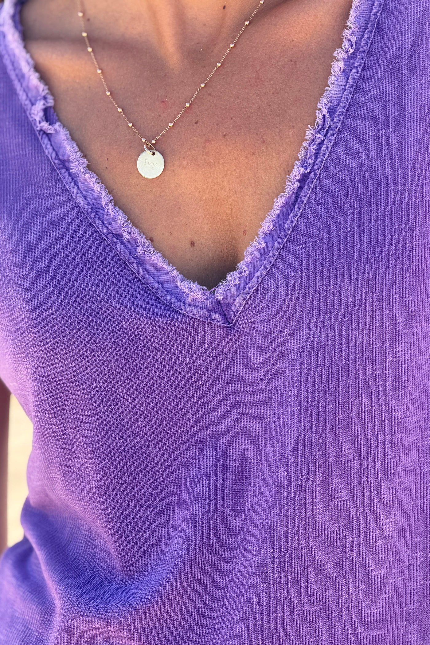 Purple Stretch Cotton Tee with Raw Hems
