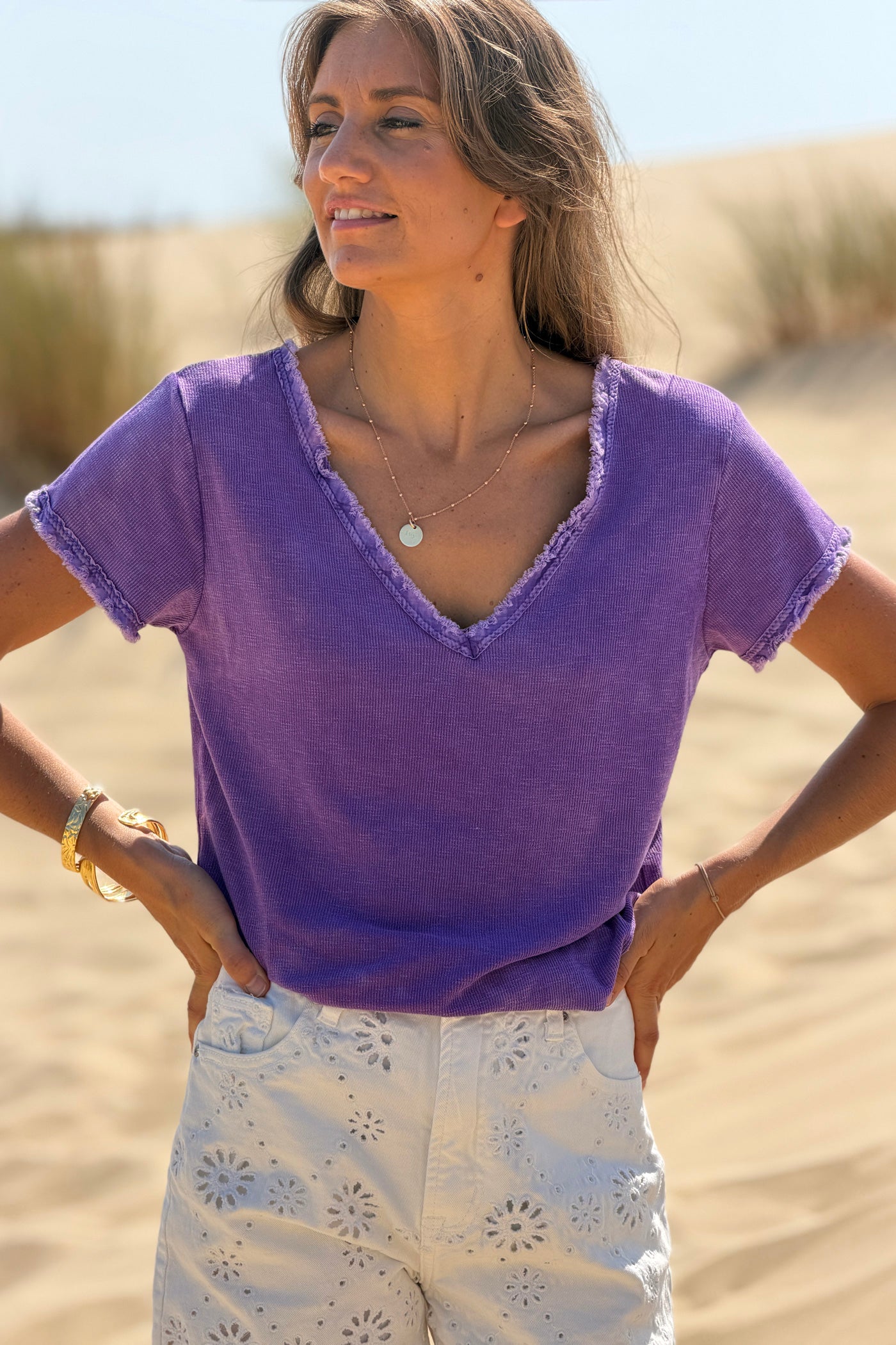 Purple Stretch Cotton Tee with Raw Hems