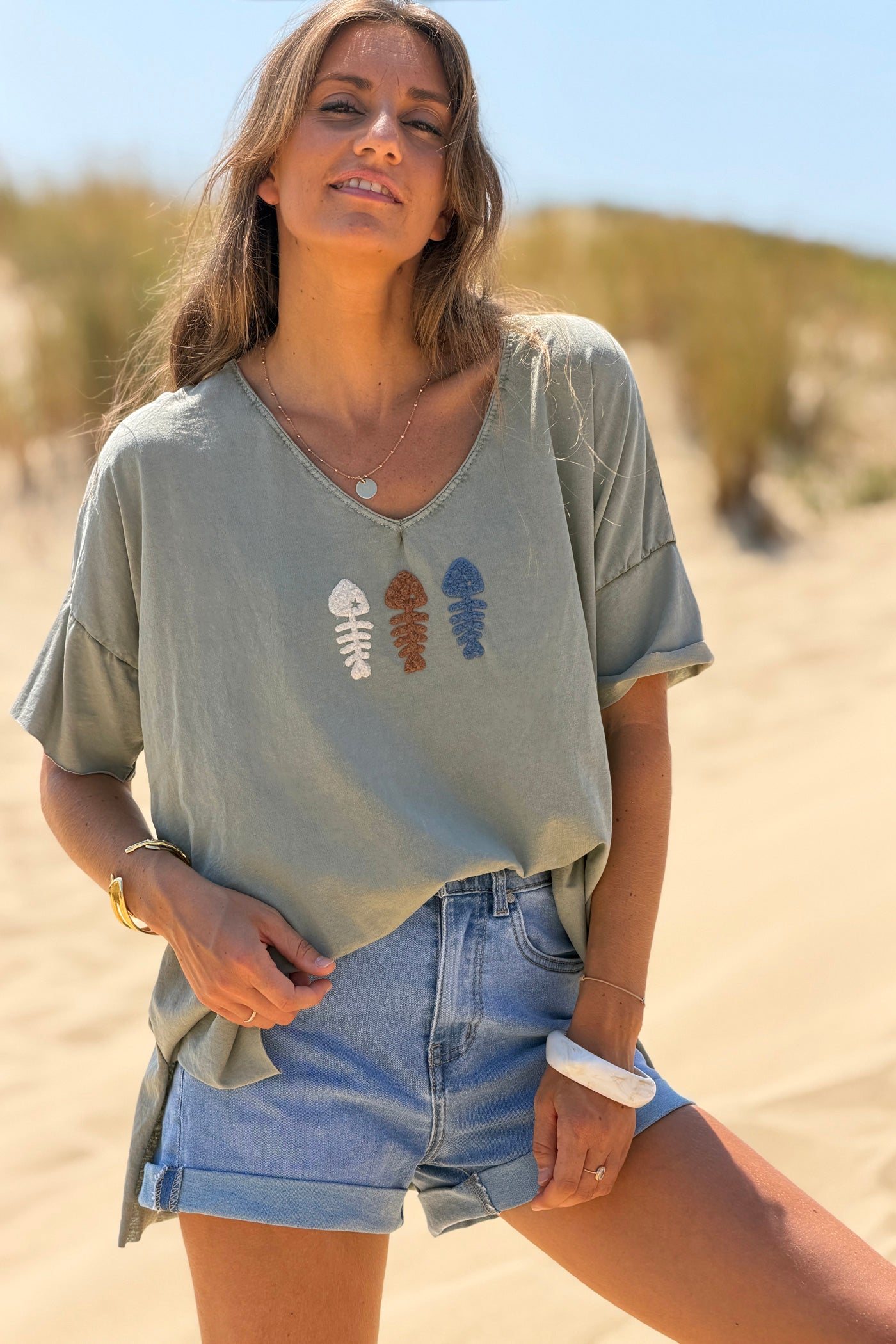 Olive Fuzzy Fishbones V-Neck Tee
