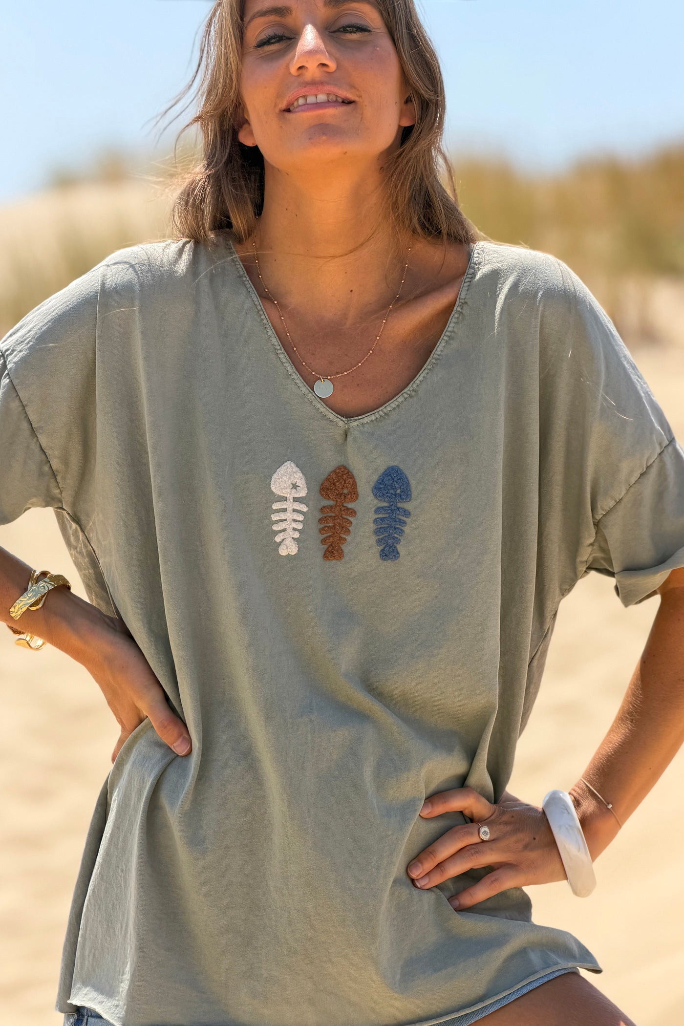 Olive Fuzzy Fishbones V-Neck Tee