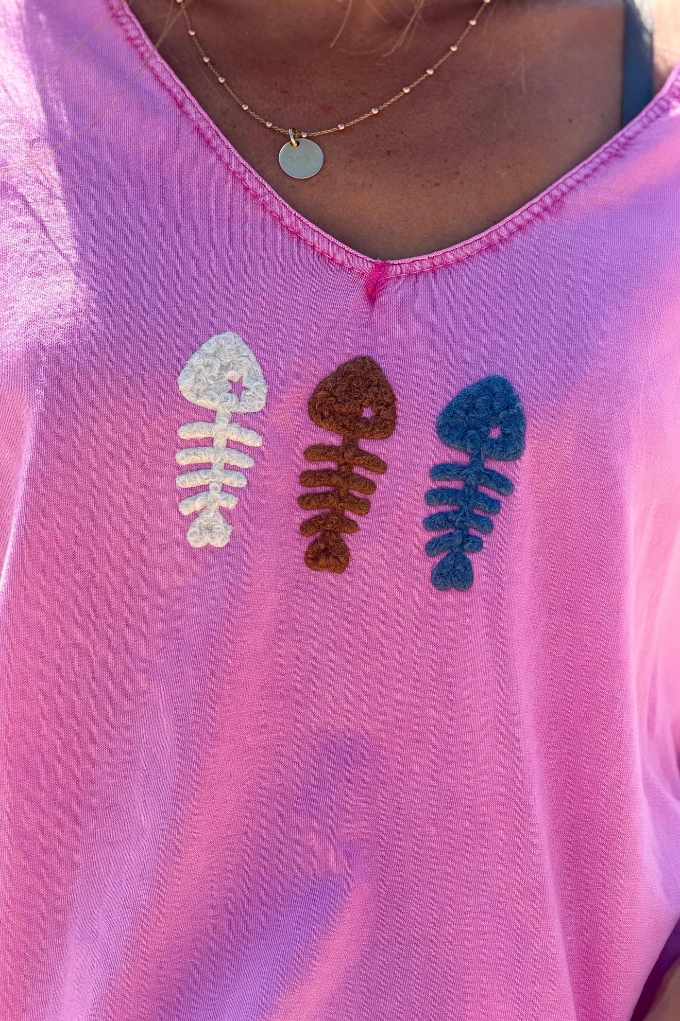 Pink Fuzzy Fishbones V-Neck Tee