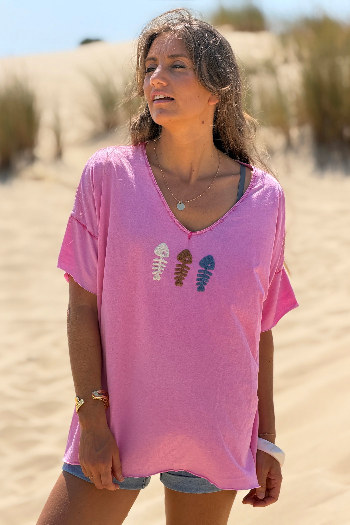 Pink Fuzzy Fishbones V-Neck Tee