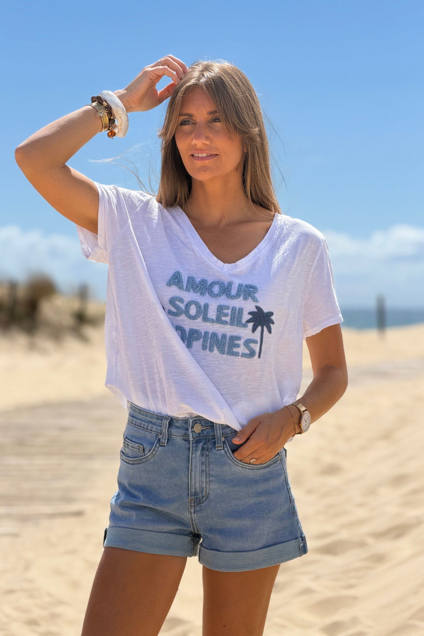 Blue “Amour Soleil Copines” V-Neck Tee
