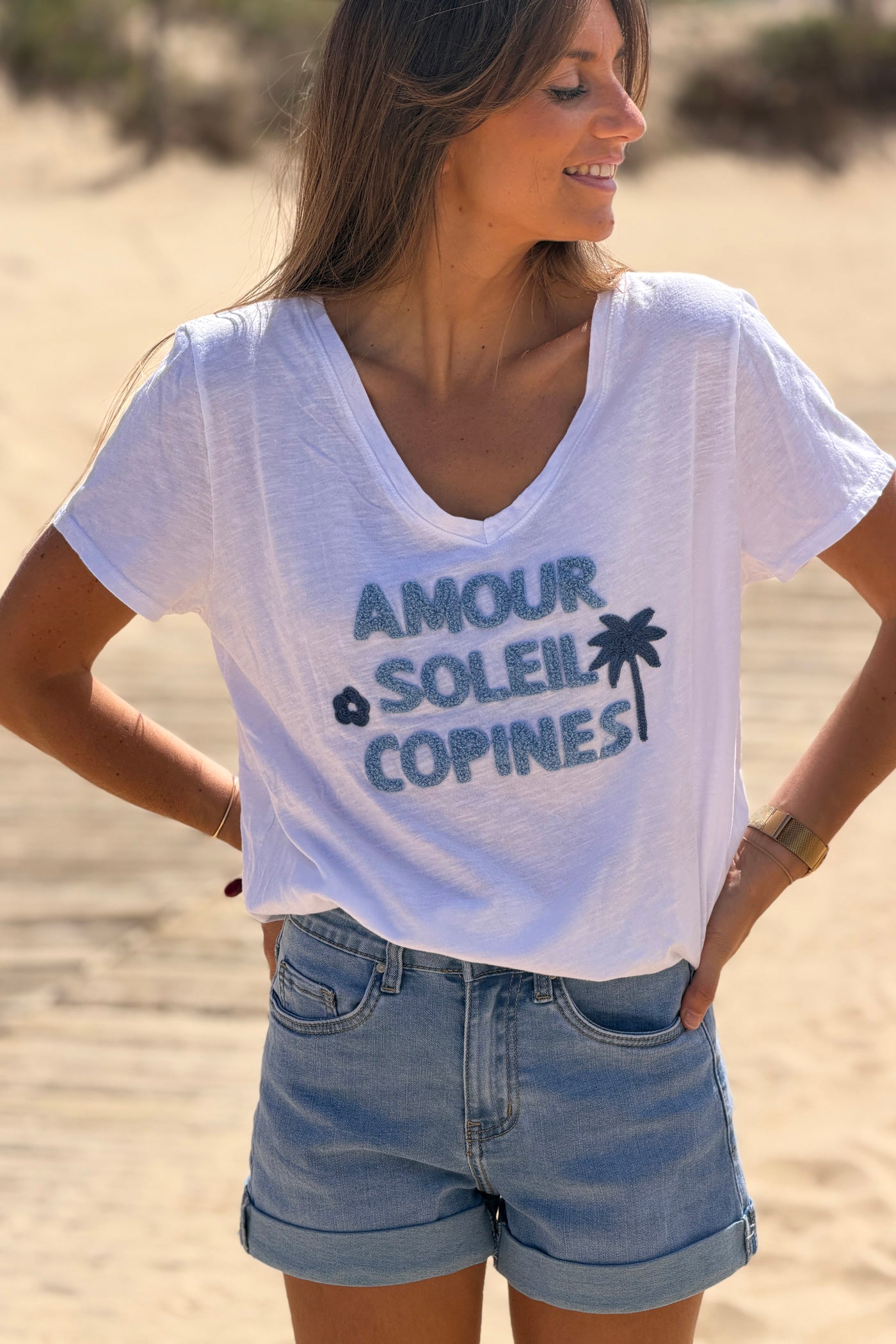 Blue “Amour Soleil Copines” V-Neck Tee
