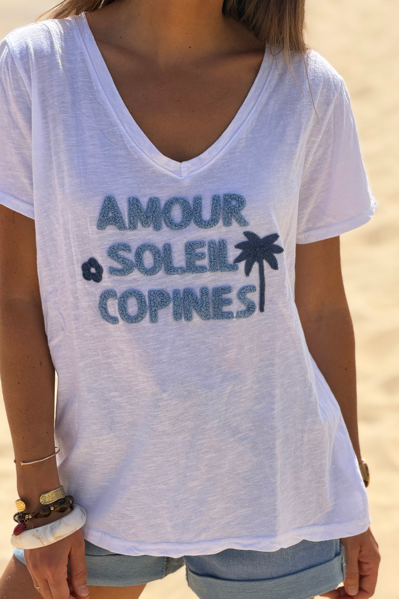Blue “Amour Soleil Copines” V-Neck Tee
