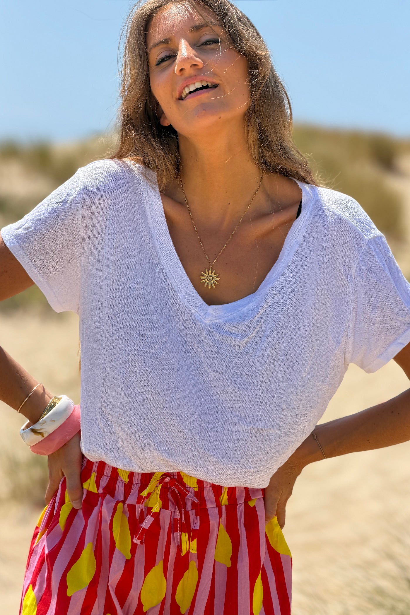 Tshirt en lin mélangé blanc souple chiné col v