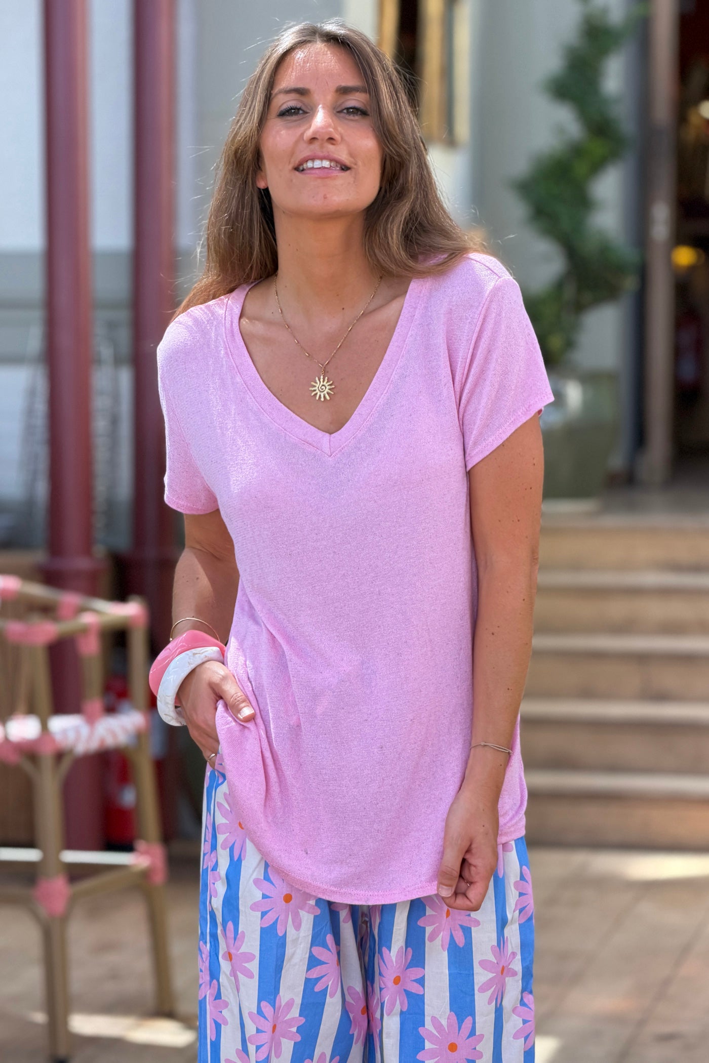 Tshirt en lin mélangé rose souple chiné col v