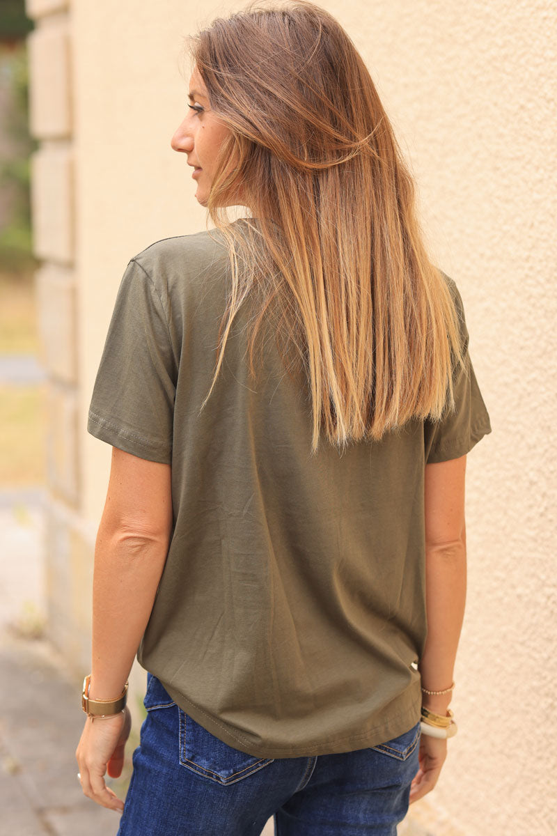 T-shirt kaki en coton broderie fleurs et smile bouclettes colorées