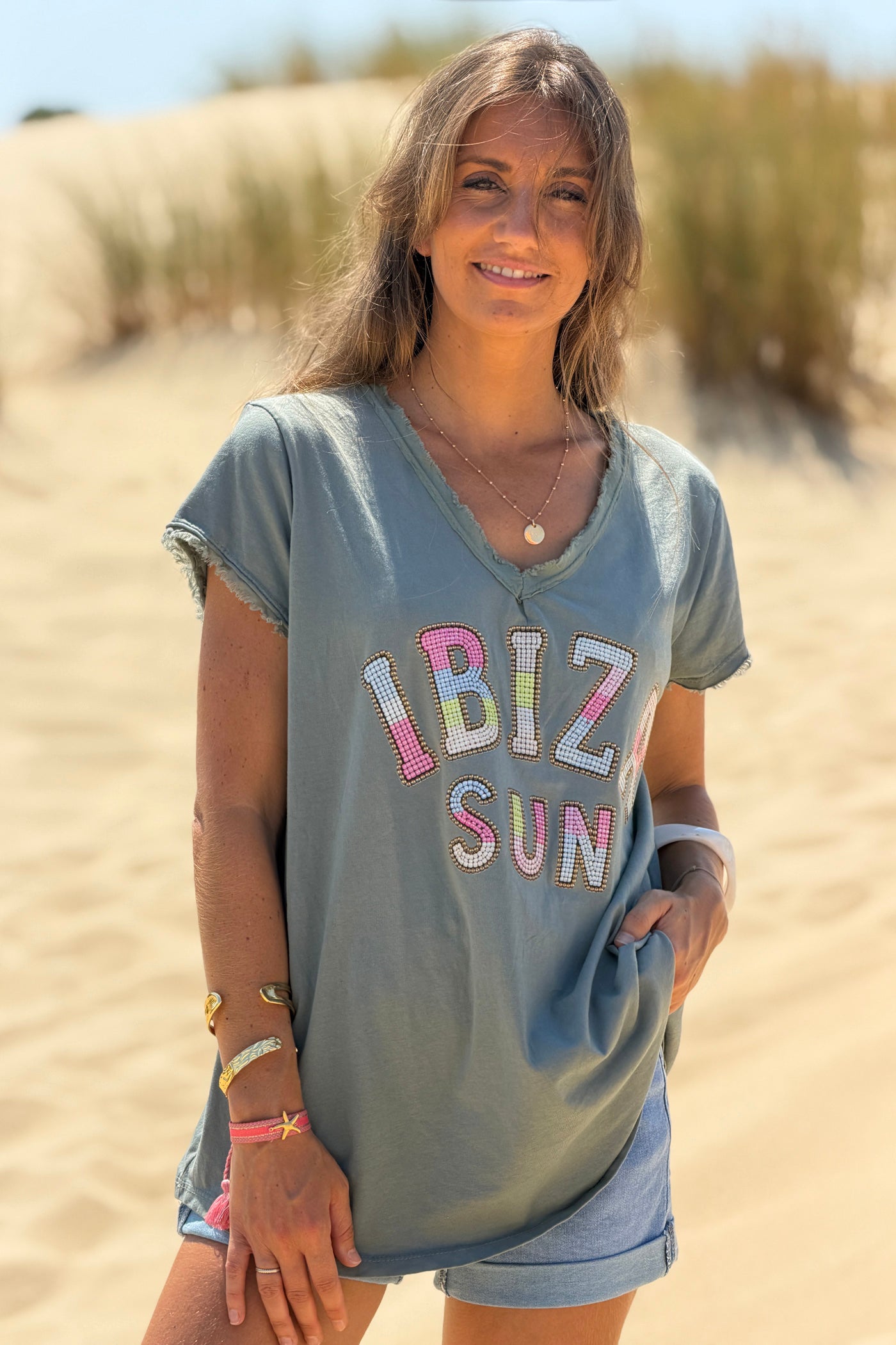Olive IBIZA SUN Beaded V-Neck Tee
