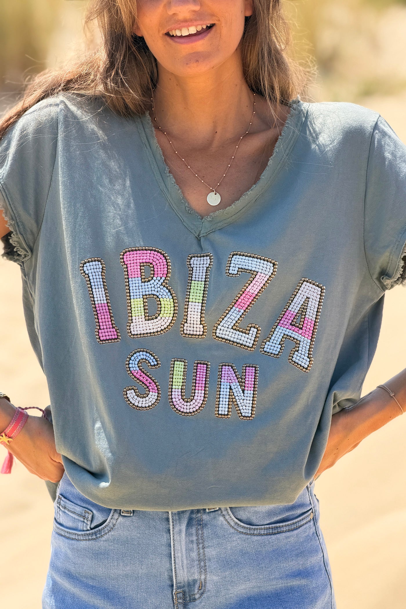 Olive IBIZA SUN Beaded V-Neck Tee
