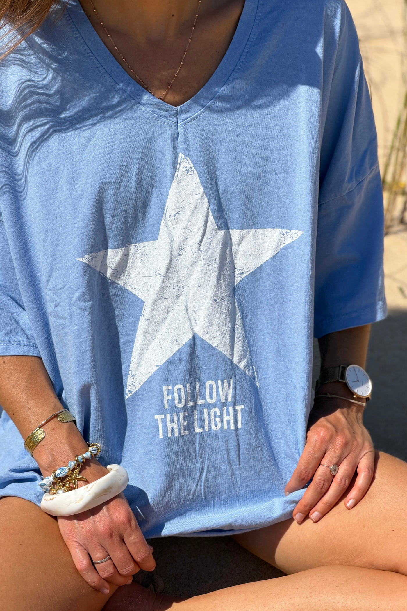 Blue “Follow the Light” Star Jersey Knit Top
