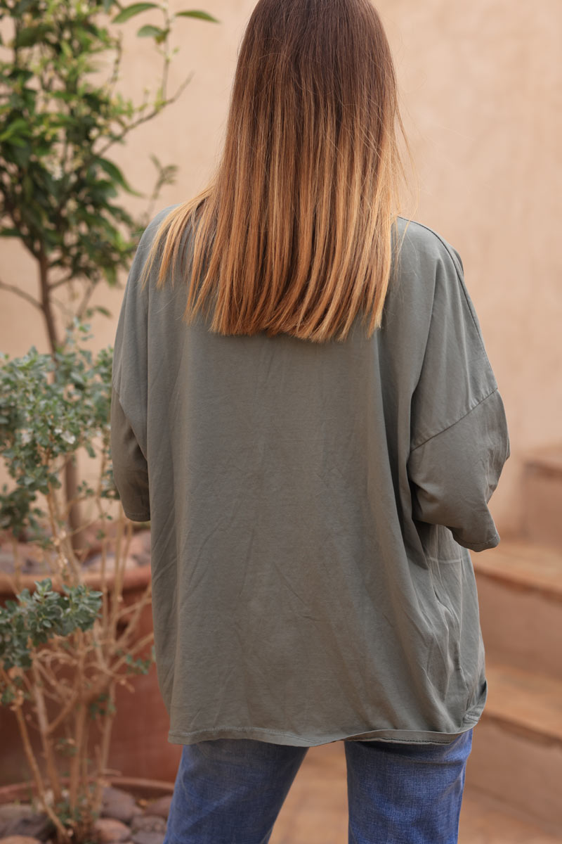 Khaki relaxed fit t-shirt with LOVE and flower in glitter print