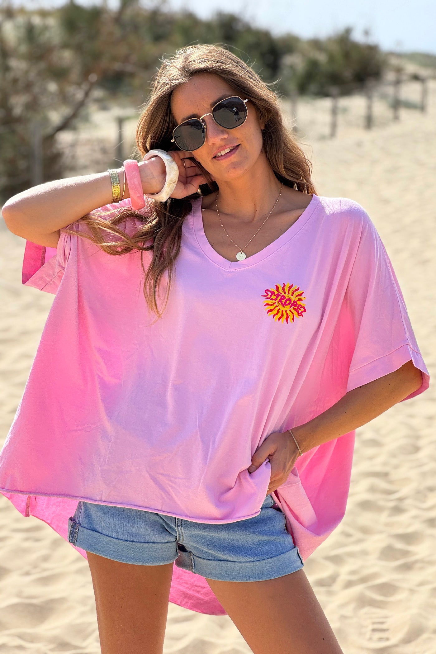 Tshirt loose oversize et stretch rose motif Soleil St tropez