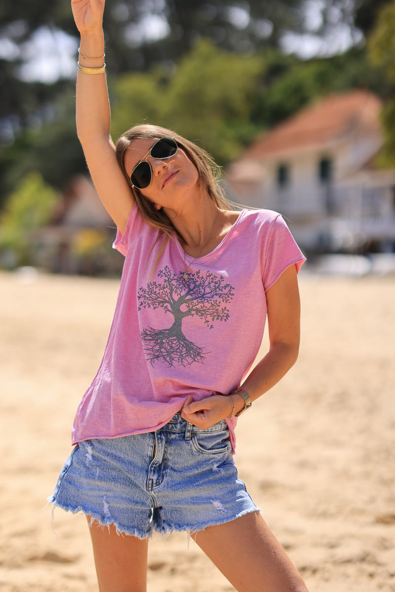 Camiseta árbol de la vida brillante algodón cuello pico rosa