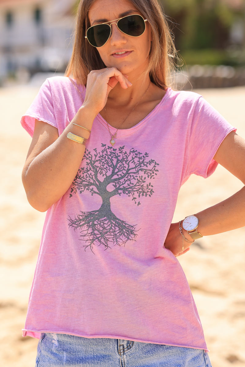 Camiseta árbol de la vida brillante algodón cuello pico rosa