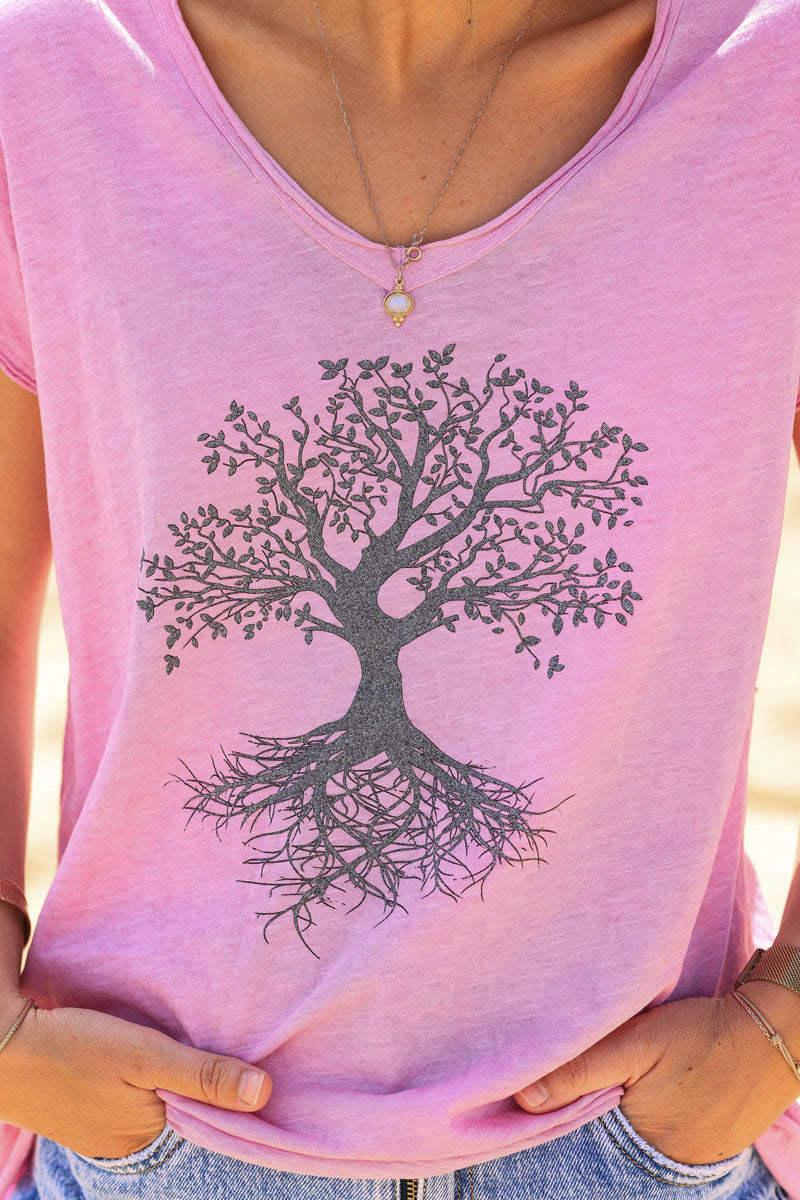 Camiseta árbol de la vida brillante algodón cuello pico rosa