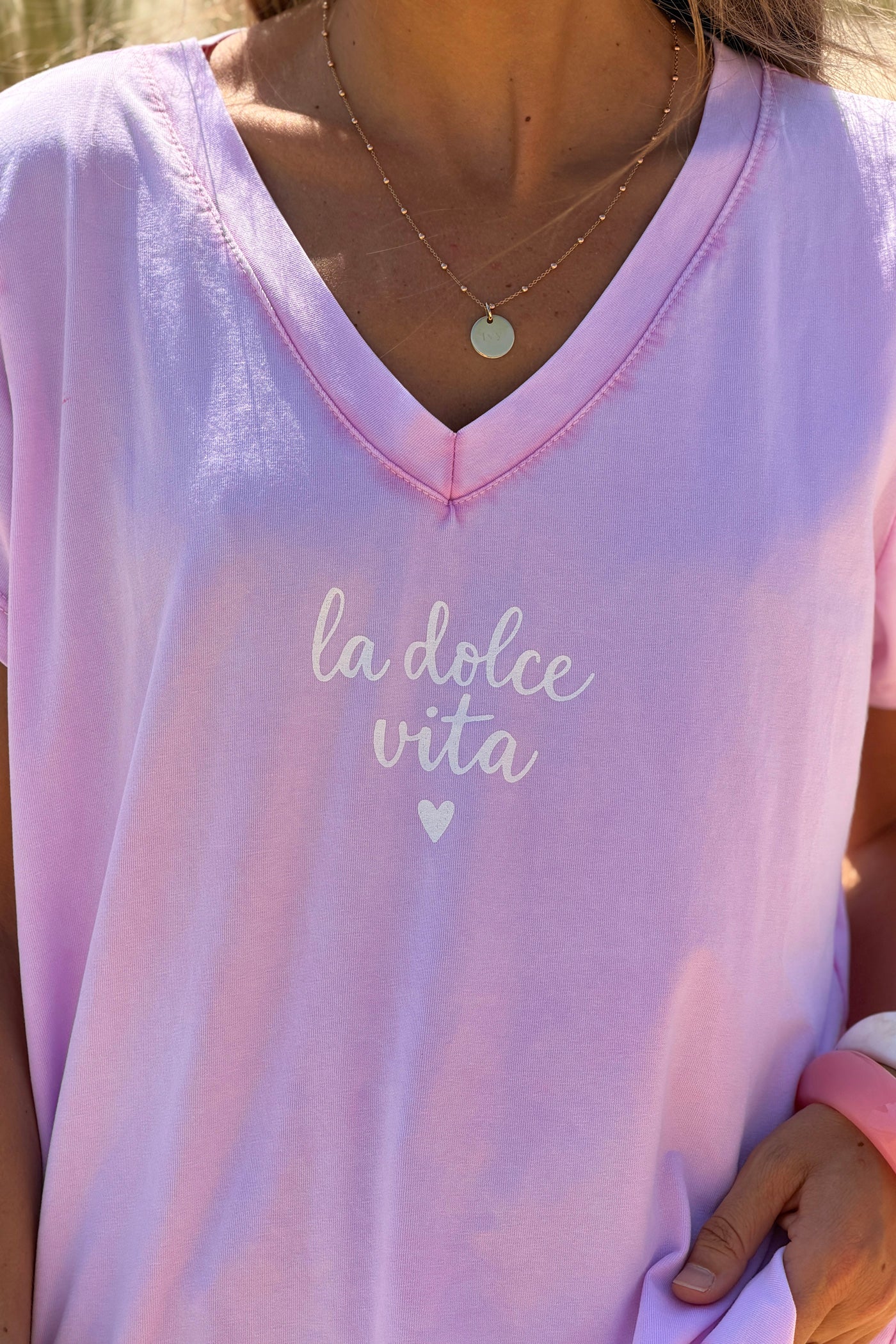 Pink “La Dolce Vita” V-Neck Tee