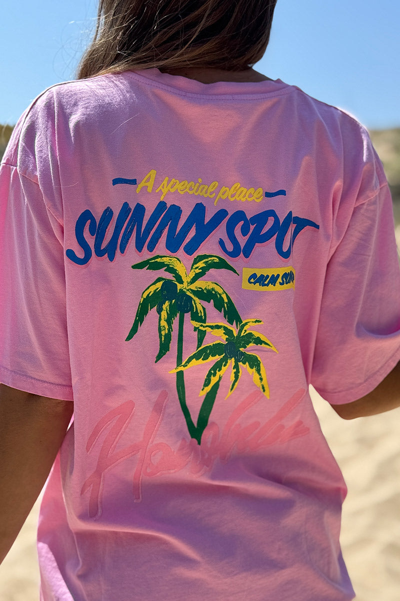 Camiseta de algodón rosa con cuello redondo y palmera Honolulu