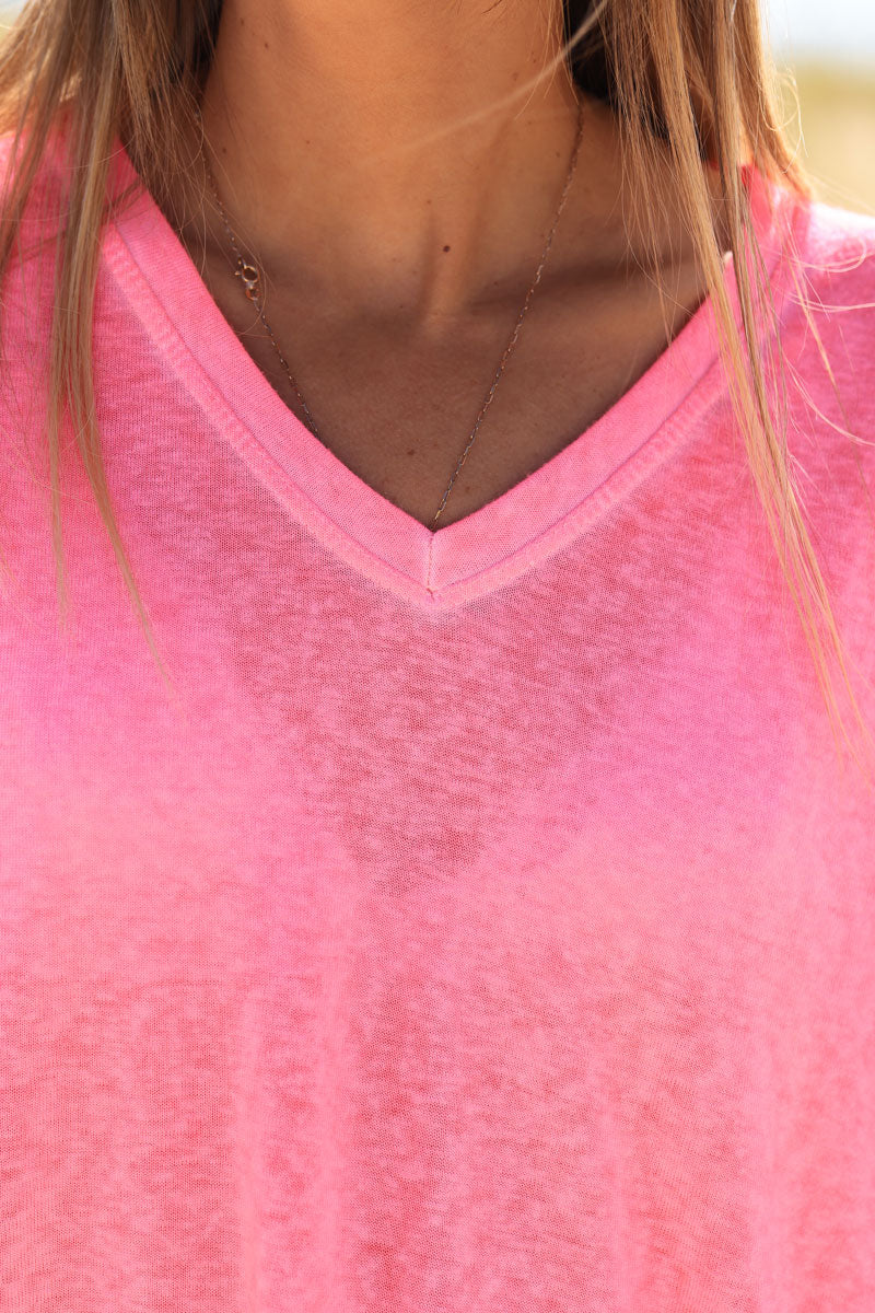 Tshirt rose fluo délavé souple large et loose manches courtes chauve souris