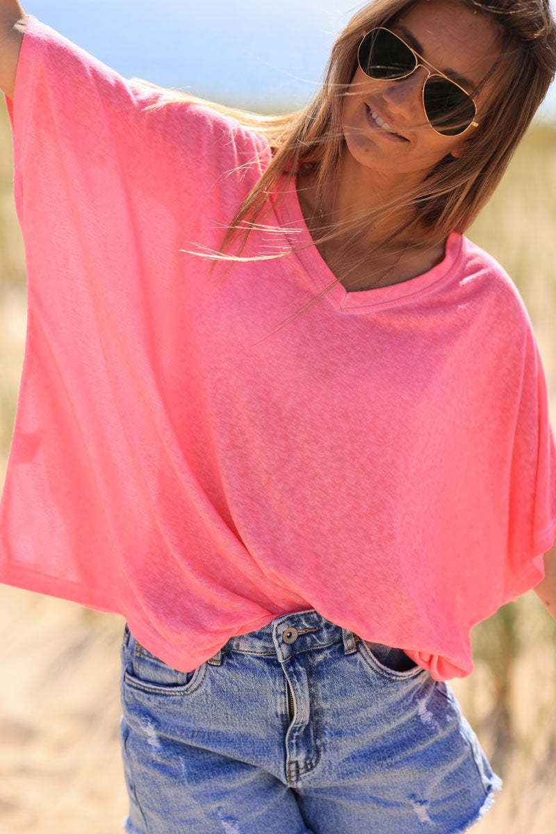 Tshirt rose fluo délavé souple large et loose manches courtes chauve souris