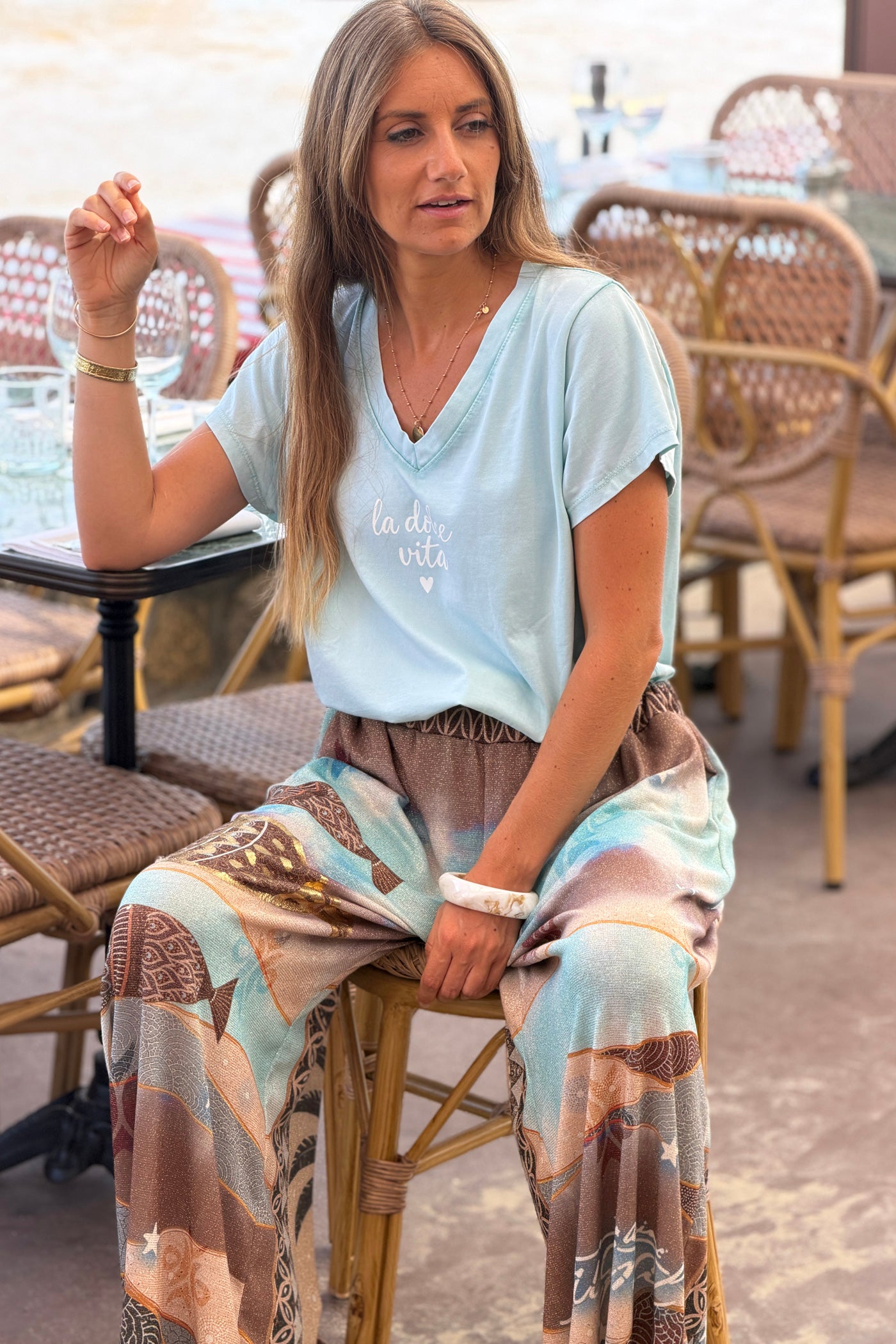 Light Green “La Dolce Vita” V-Neck Tee
