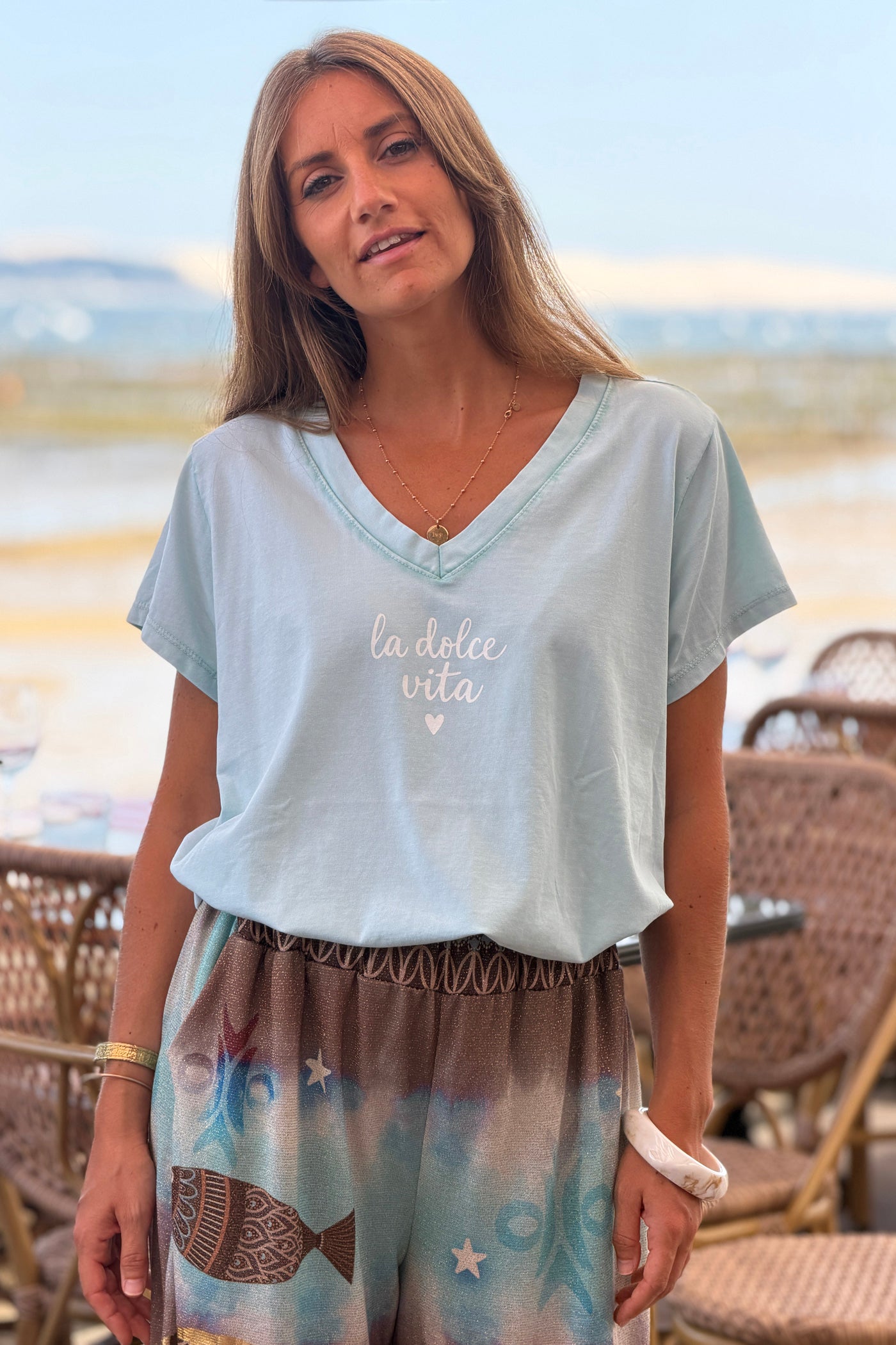 Light Green “La Dolce Vita” V-Neck Tee